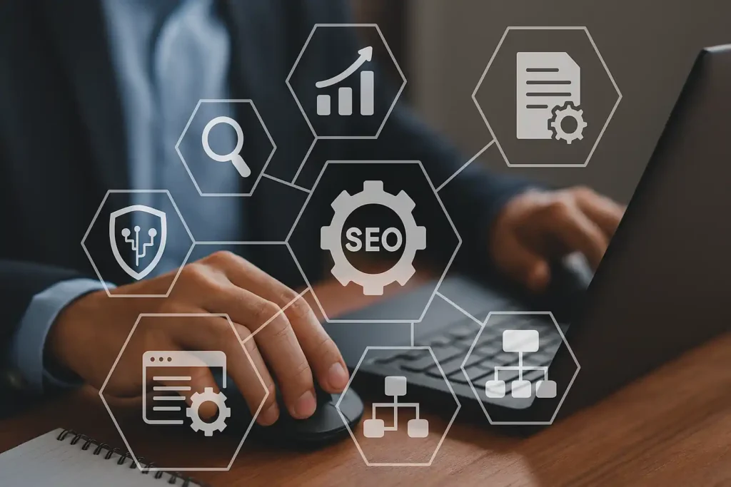 Realistic image illustrating key technical SEO features including website architecture, crawlability, indexing, page speed, mobile optimization, and structured data