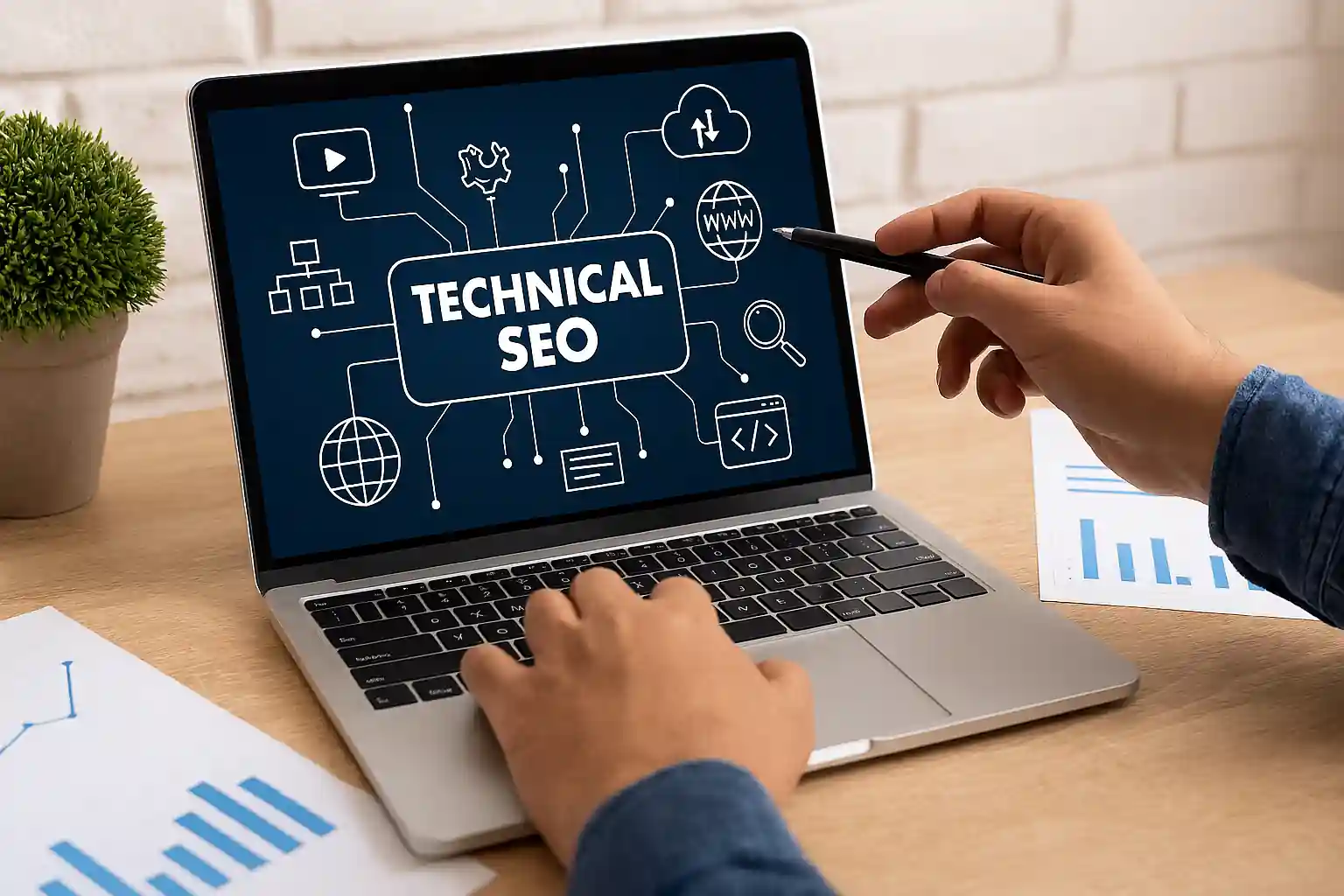Workspace showing hands-on technical SEO analysis with laptop, charts, and optimization icons