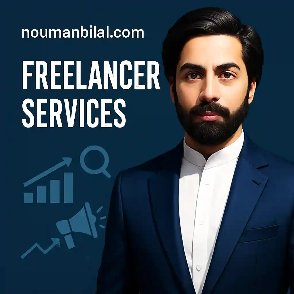 Professional portrait of Nouman Bilal in a navy-blue suit promoting freelance digital marketing and SEO services on a deep blue background with modern icons.
