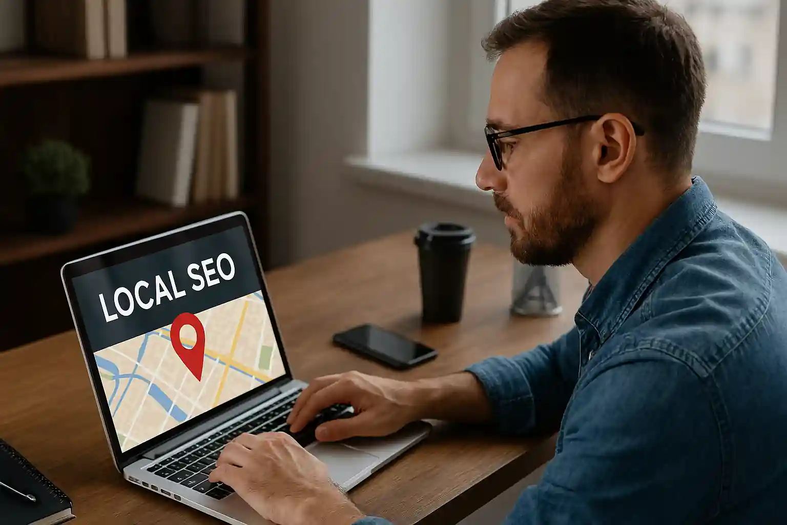 Small business storefront with digital location pins and analytics overlays representing local SEO optimization