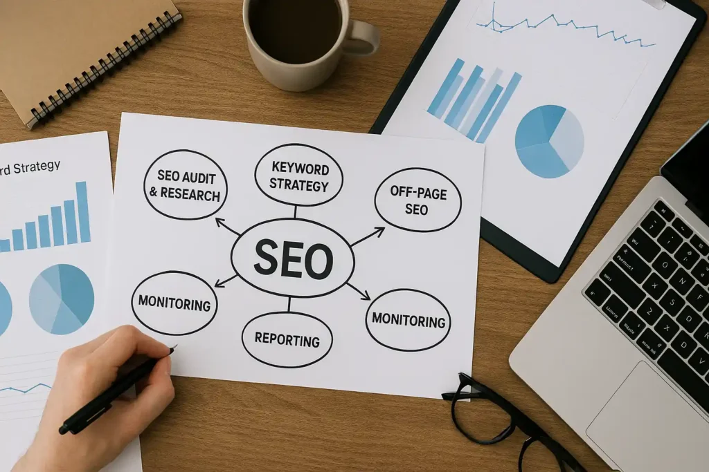 Freelancer workspace with SEO charts, keyword strategy visuals, and analytics tools on a wooden desk