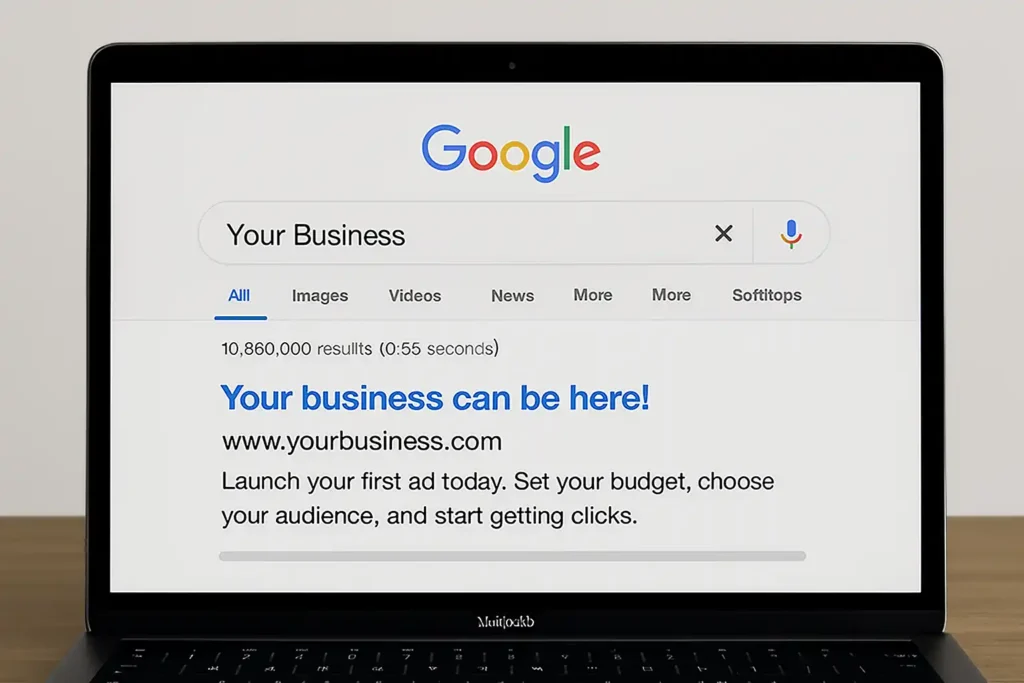 MacBook Pro displaying a Google search results page for "Your Business," with a highlighted ad reading: "Your business can be here!" and clear promotional text below.