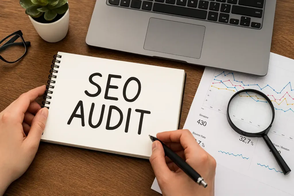 Close-up of a workspace with SEO audit tools, including a magnifying glass over performance charts, a laptop, and handwritten notes.
