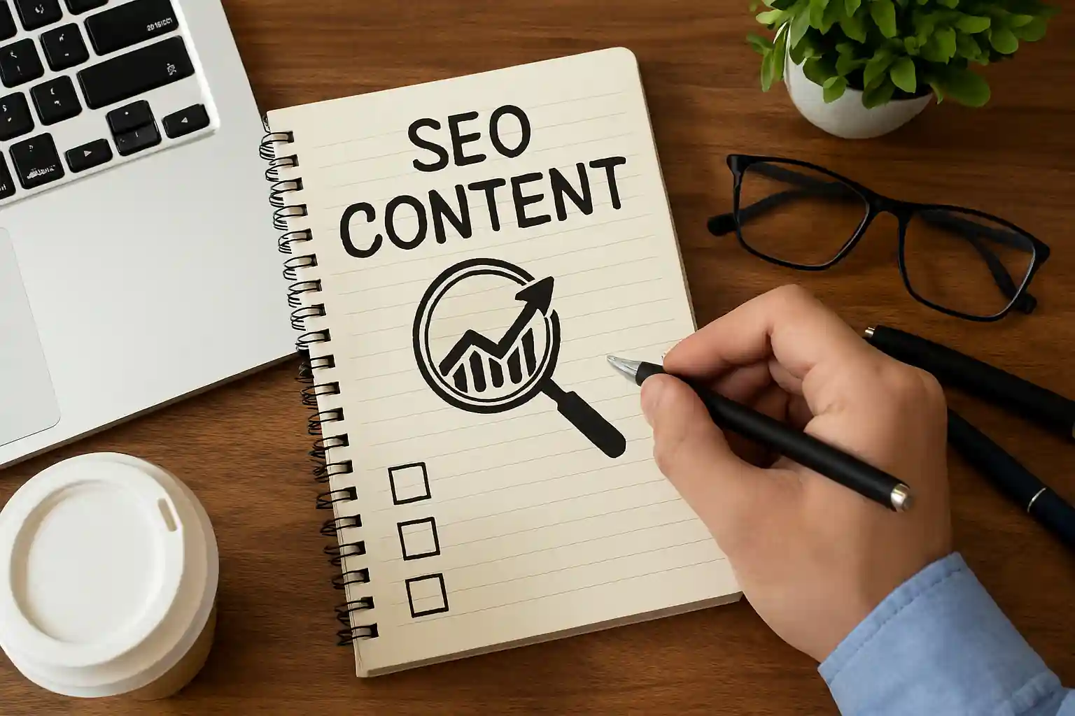 Person writing SEO content at a desk with a laptop, notebook, and visual cues like graphs and ranking arrows
