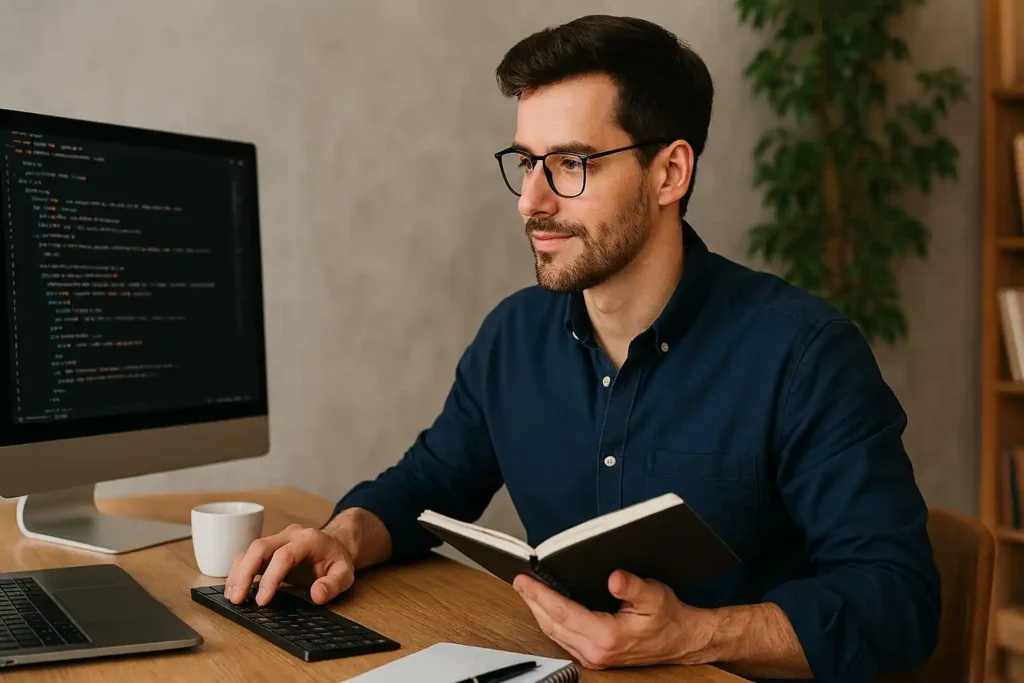 Focused solo technical SEO specialist working in a modern home office with code on screen, showcasing expertise and independence