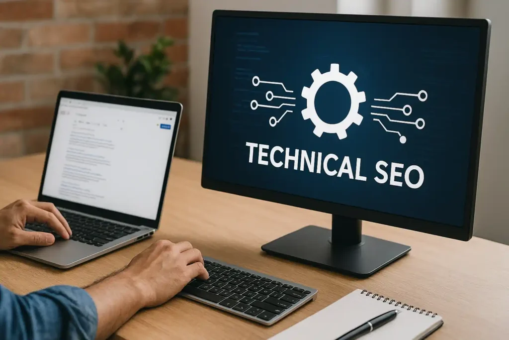 Person optimizing website performance and indexing on laptop and monitor, illustrating technical SEO processes.