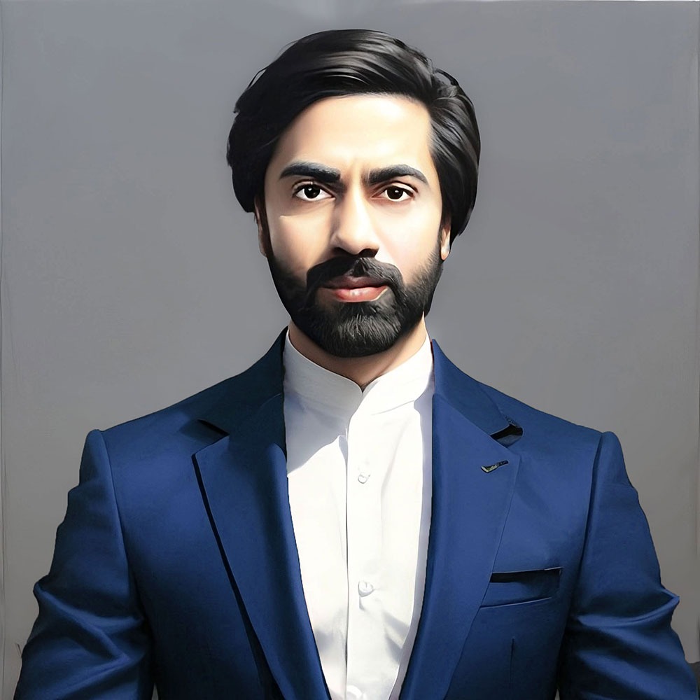 Professional portrait of Nouman Bilal, South Asian SEO expert in a dark blue suit against a neutral gray background