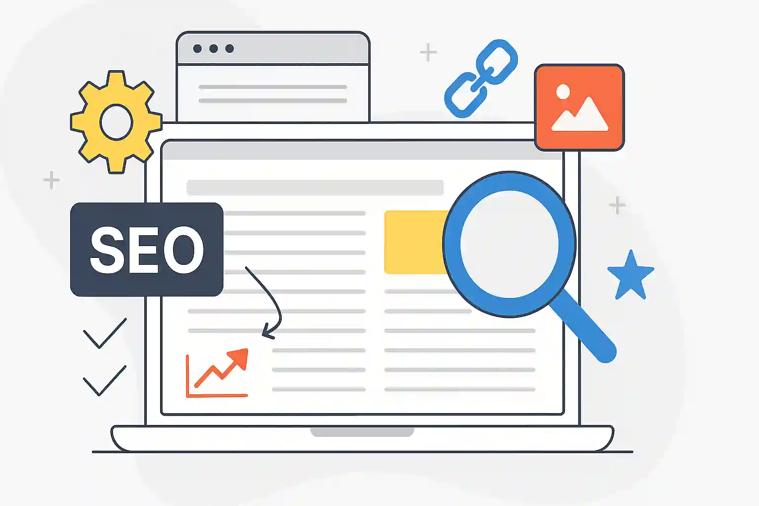 Realistic illustration of on-page SEO optimization showing a structured webpage layout with icons for titles, meta descriptions, internal links, image optimization, and search navigation