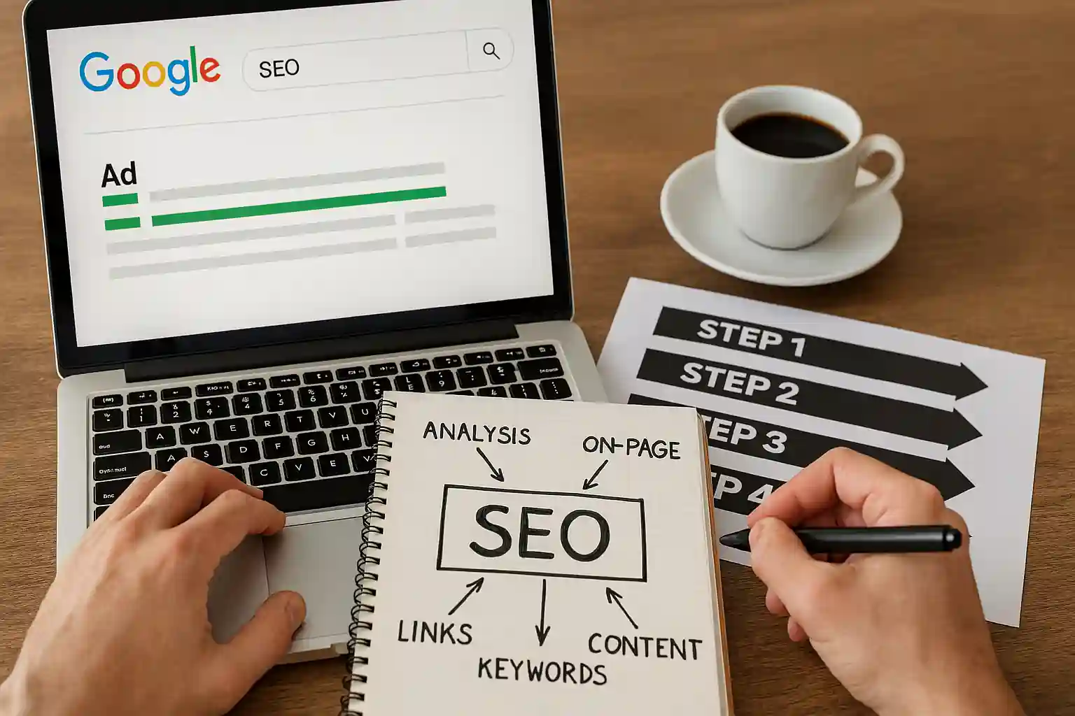 Laptop displaying Google Ads dashboard with SEO charts and keyword analysis tools on a wooden desk, illustrating step-by-step ad optimization.