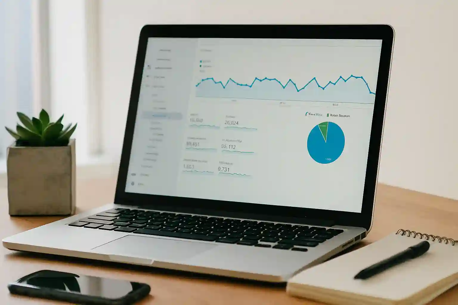 Realistic workspace showing SEO strategy development with analytics dashboard, keyword tools, and WordPress interface