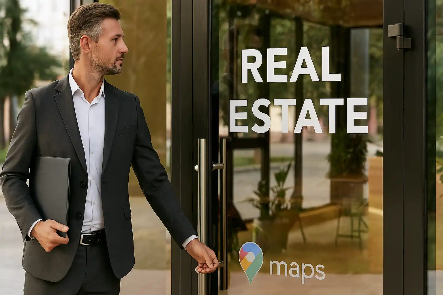 Real estate agent entering second office location with Google Maps sticker on glass door, symbolizing local SEO expansion