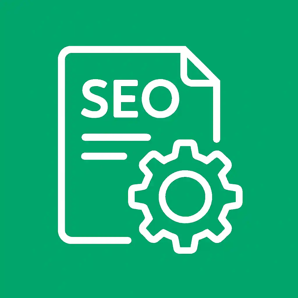 Flat white icon of a document and gear symbolizing On-Page SEO, centered on solid green background (#22B67A), ideal for grid thumbnails.