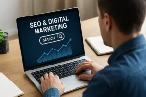 Digital marketing workspace showing a professional analyzing SEO data on a laptop with upward-trending graphs and search icons, symbolizing the importance of search engine optimization.