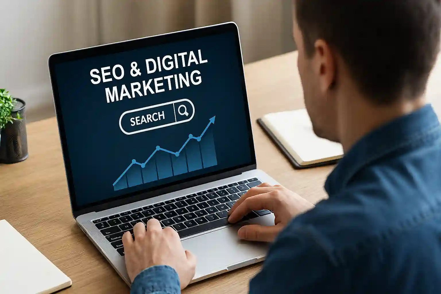 Digital marketing workspace showing a professional analyzing SEO data on a laptop with upward-trending graphs and search icons, symbolizing the importance of search engine optimization.