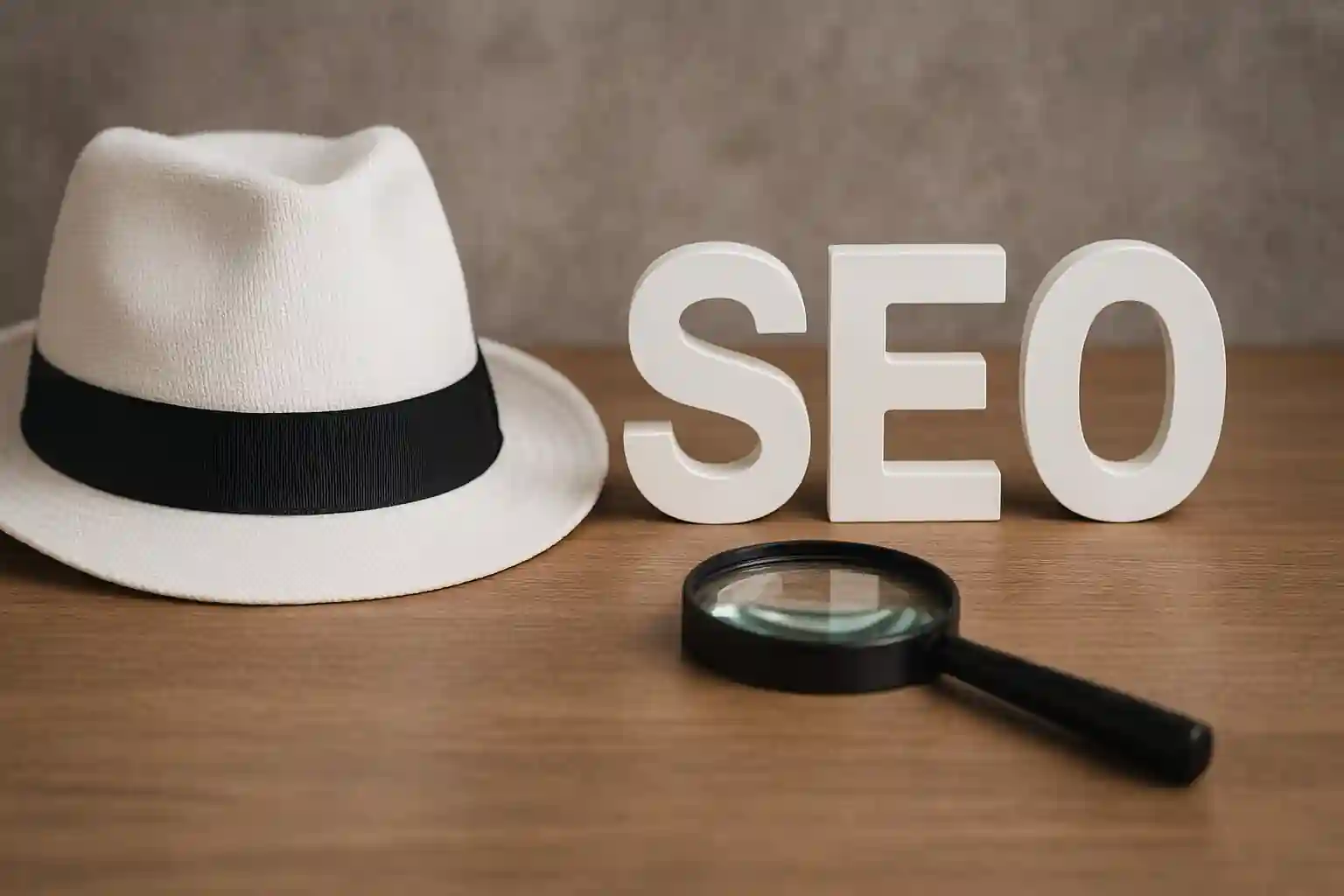 Ethical SEO concept featuring a white hat, magnifying glass, and “SEO” letters on a wooden desk—symbolizing transparency, strategy, and growth.