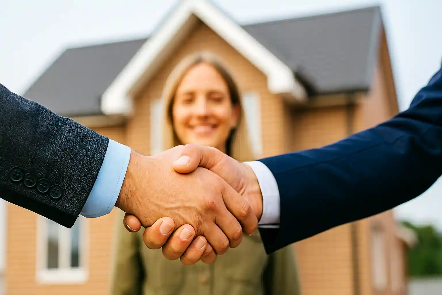Modern real estate professionals shaking hands in front of a newly opened second office, symbolizing business growth and expansion.