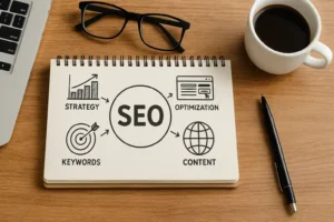 Realistic workspace showcasing SEO strategy for digital marketing with notebook, laptop, coffee mug, and related icons