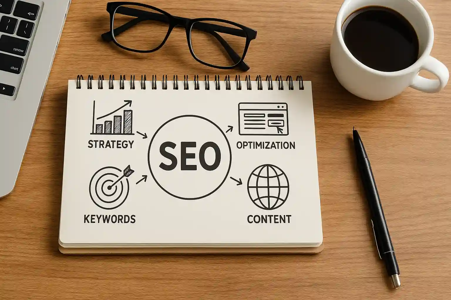 Realistic workspace showcasing SEO strategy for digital marketing with notebook, laptop, coffee mug, and related icons