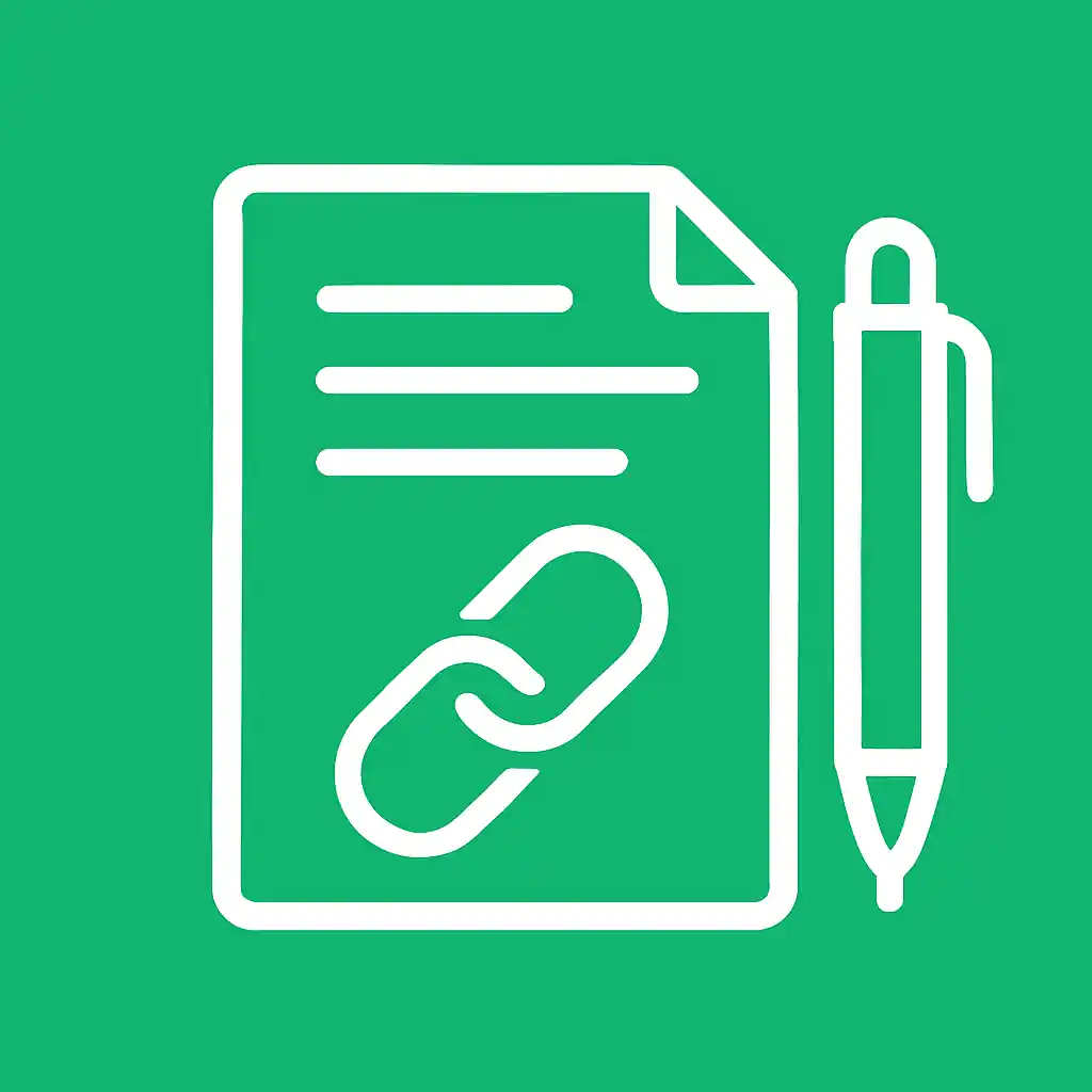 Flat icon illustration of off-page SEO featuring a white document with hyperlink and pen on solid green background
