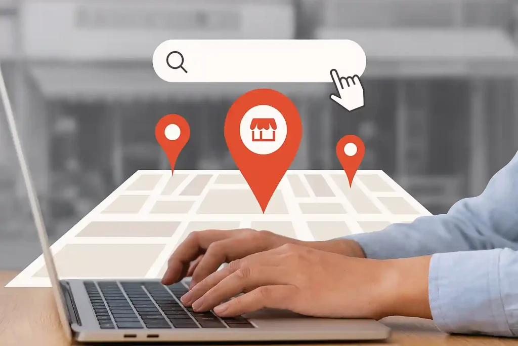 Freelance local SEO service concept with laptop, location pins, and search interface highlighting small business visibility