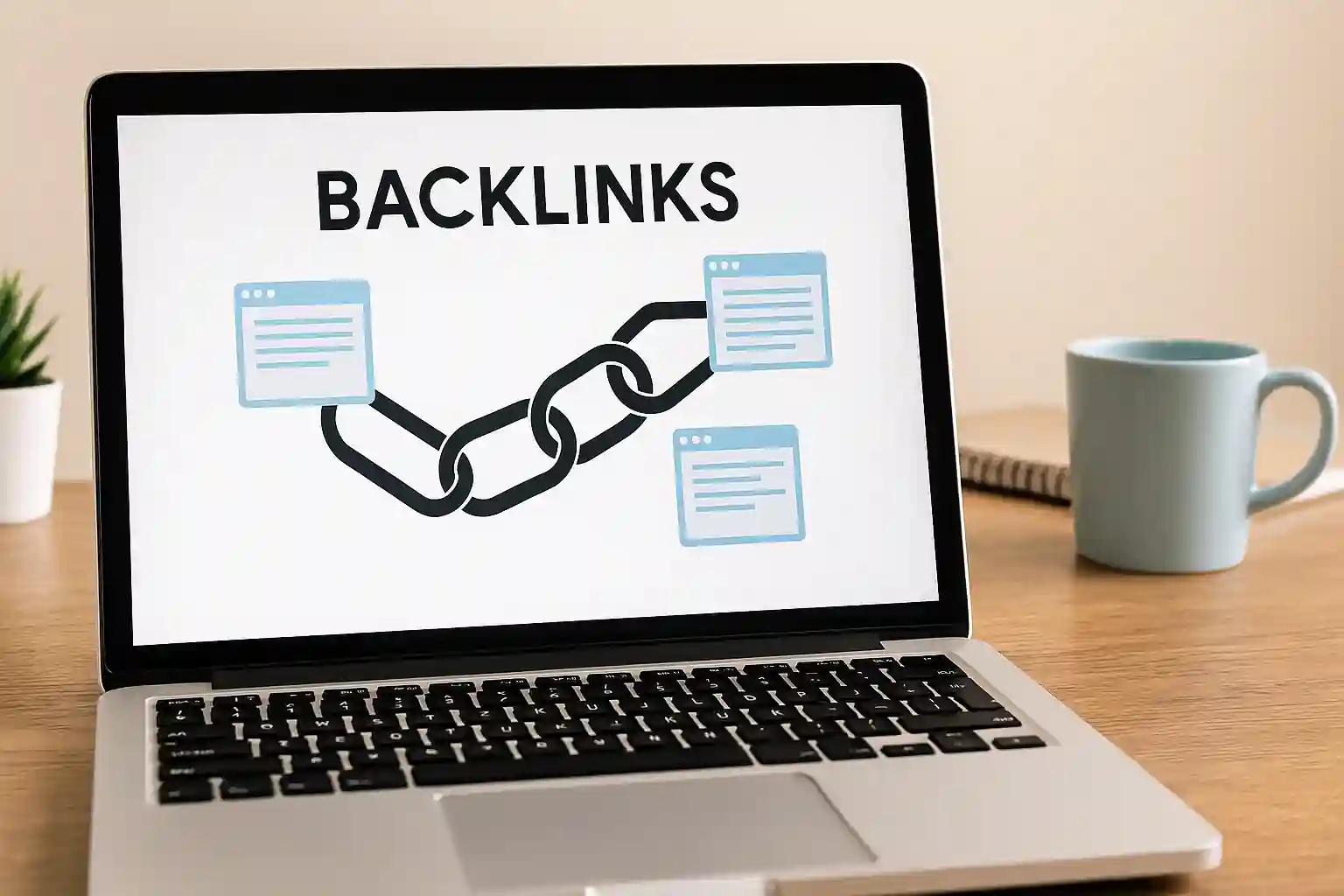 Visual representation of backlinks in SEO showing interconnected web pages on a laptop screen, symbolizing link-building strategies.