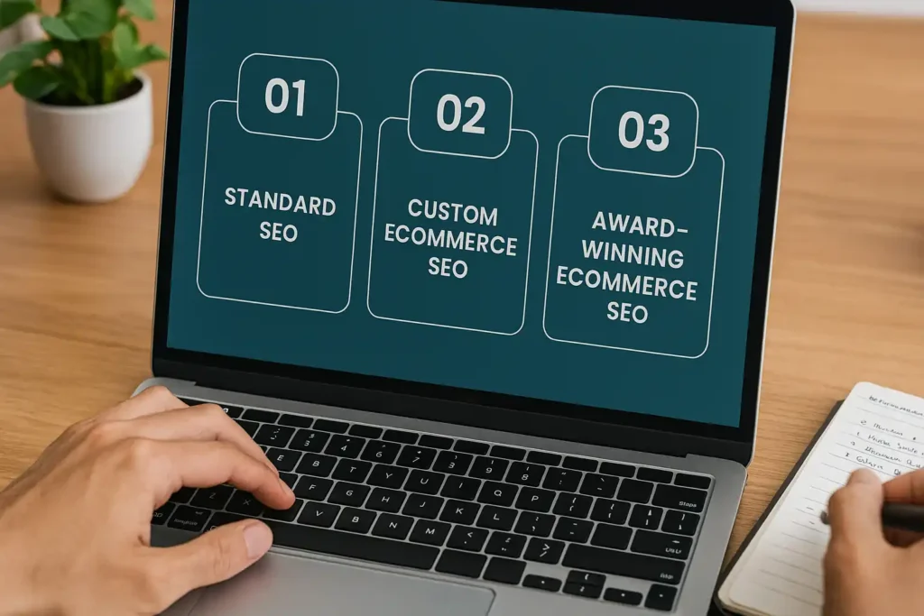Modern workspace showing scalable SEO strategies for ecommerce businesses of all sizes