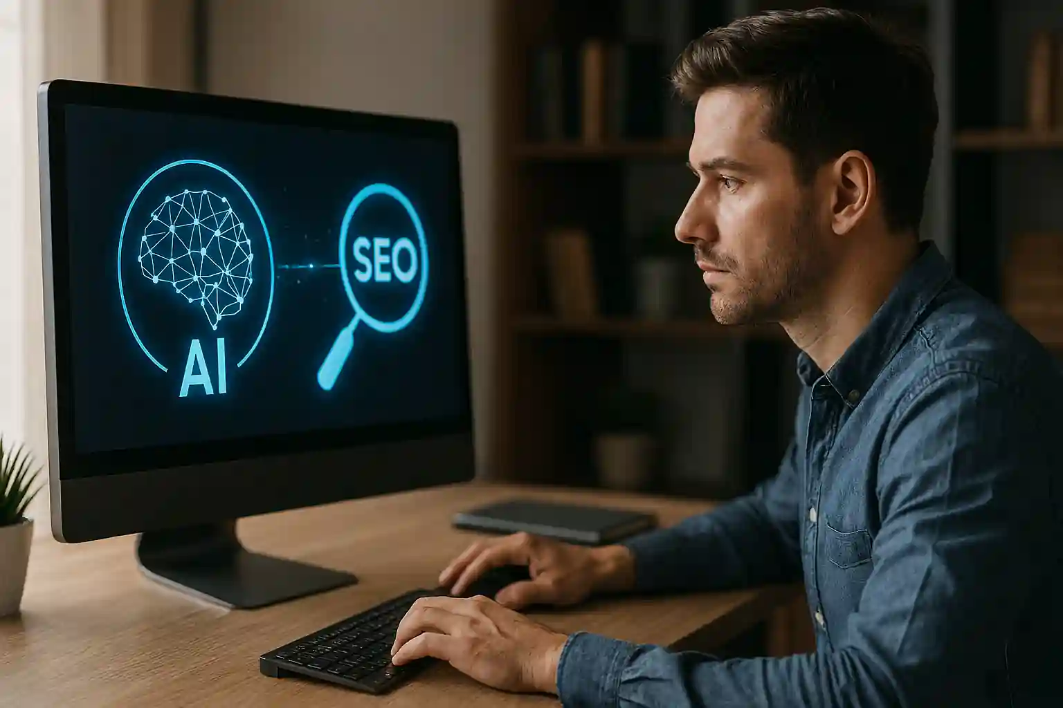 Futuristic workspace showing predictive AI analyzing SEO data with glowing brain and magnifying glass icons on a computer screen