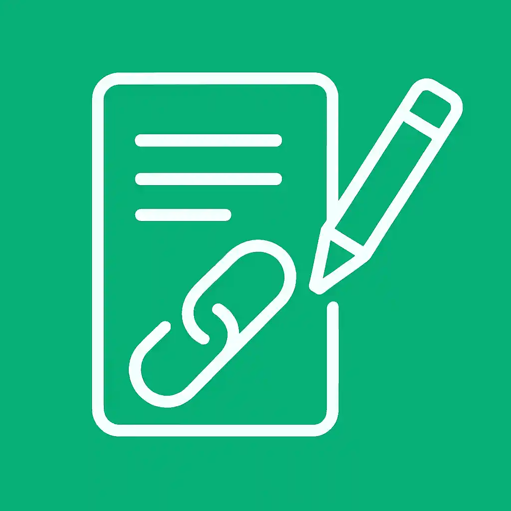White technical SEO icon featuring a document, pencil, and link symbol on solid green background (#22B67A), flat vector style, 1200x900 px