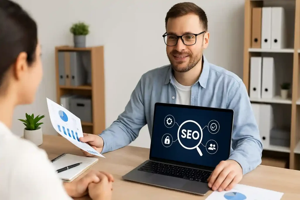 Professional SEO consultant presenting transparent analytics and secure data solutions to a satisfied client in a modern office setting.
