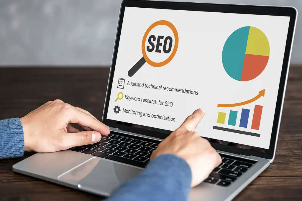 Ecommerce workspace with SEO analytics, keyword tools, and optimization graphs on a laptop screen