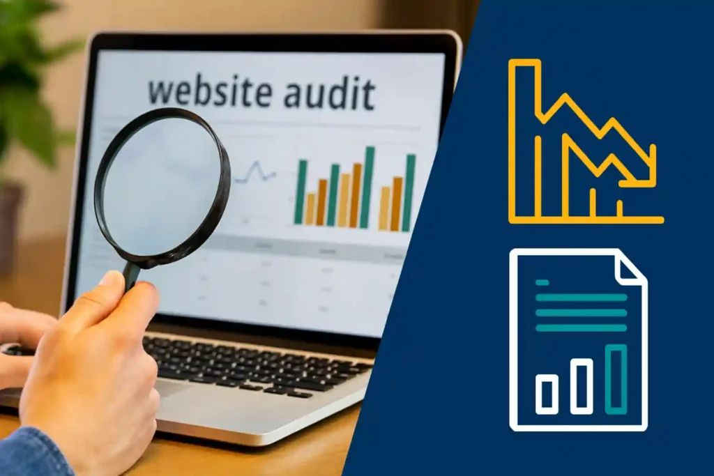 Magnifying glass inspecting website analytics on a laptop screen with charts, gears, and search engine icons representing SEO audit services
