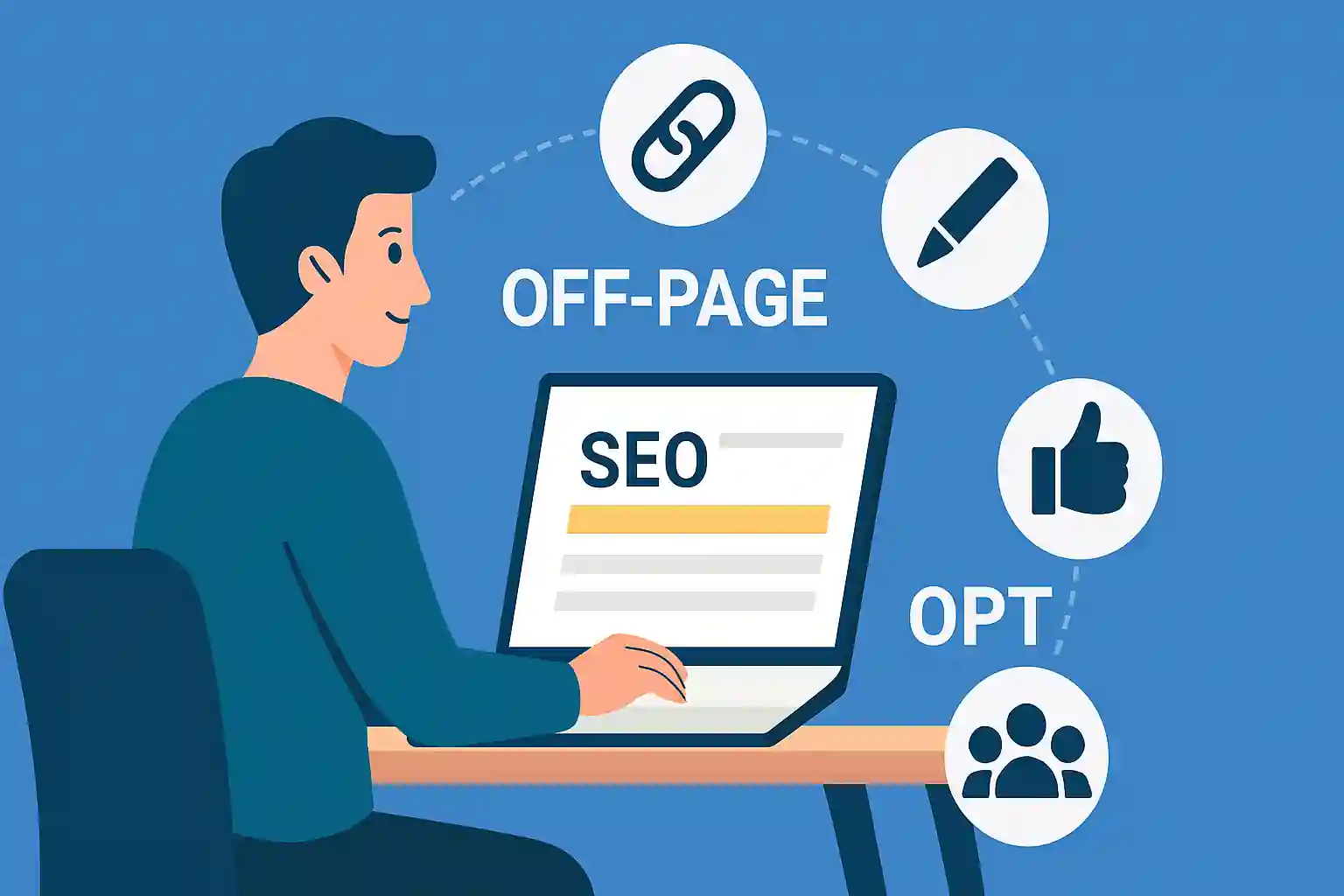 Illustration of off-page SEO strategies including link-building, guest posting, and social signals surrounding a central website interface