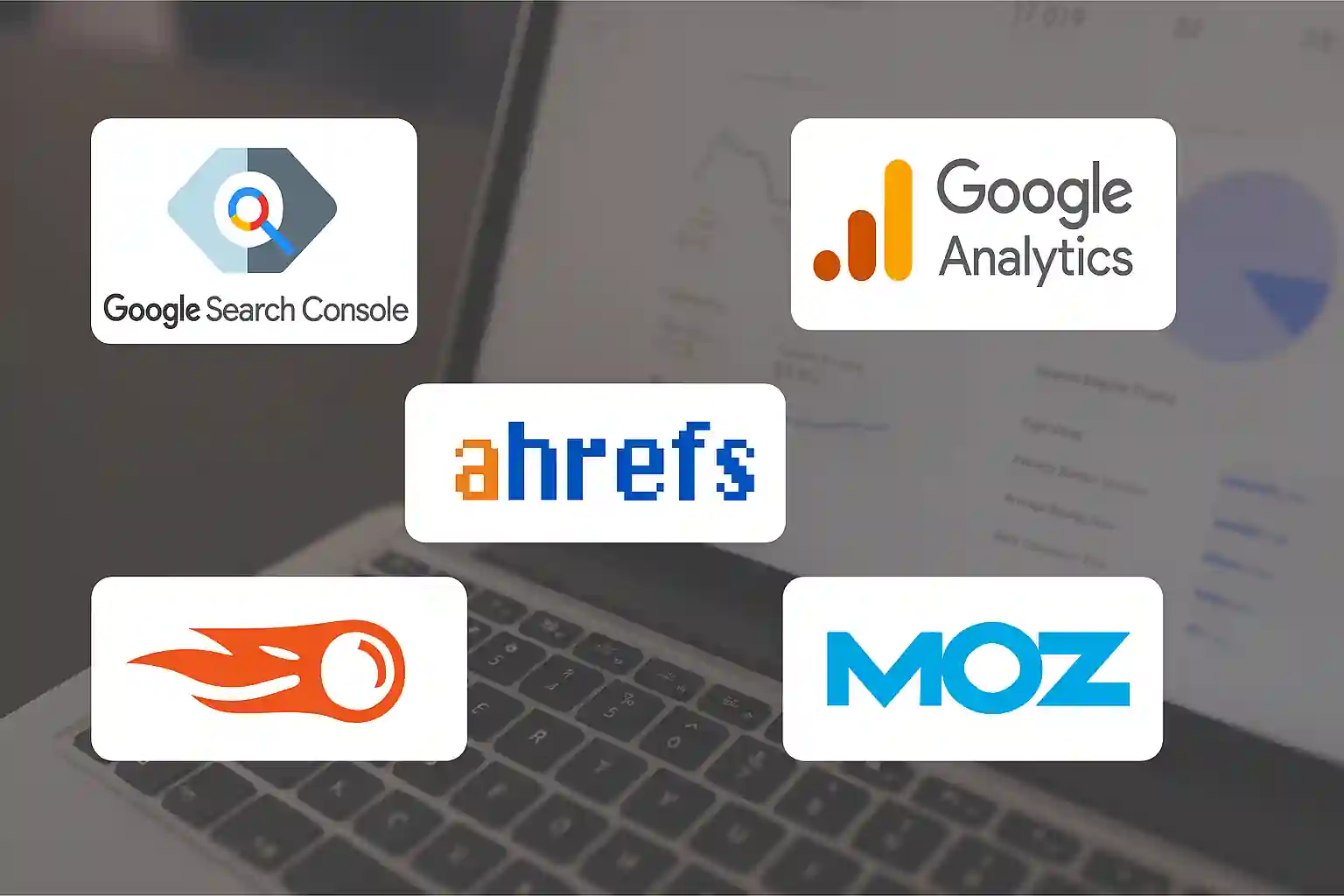 Realistic workspace with laptop displaying Google Analytics and Search Console dashboards, surrounded by icons of SEMrush, Ahrefs, and Moz SEO tools
