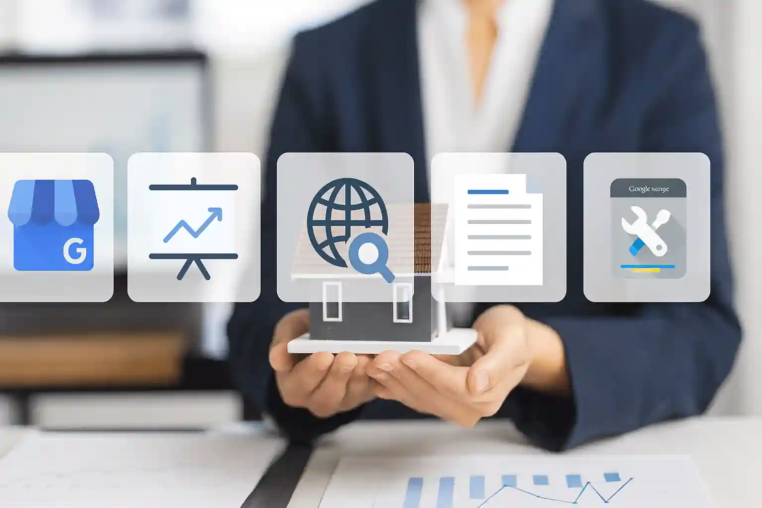 Real estate agent holding a house model with icons representing Google Business Profile, SEO pages, backlinks, content writing, and Google Search Console