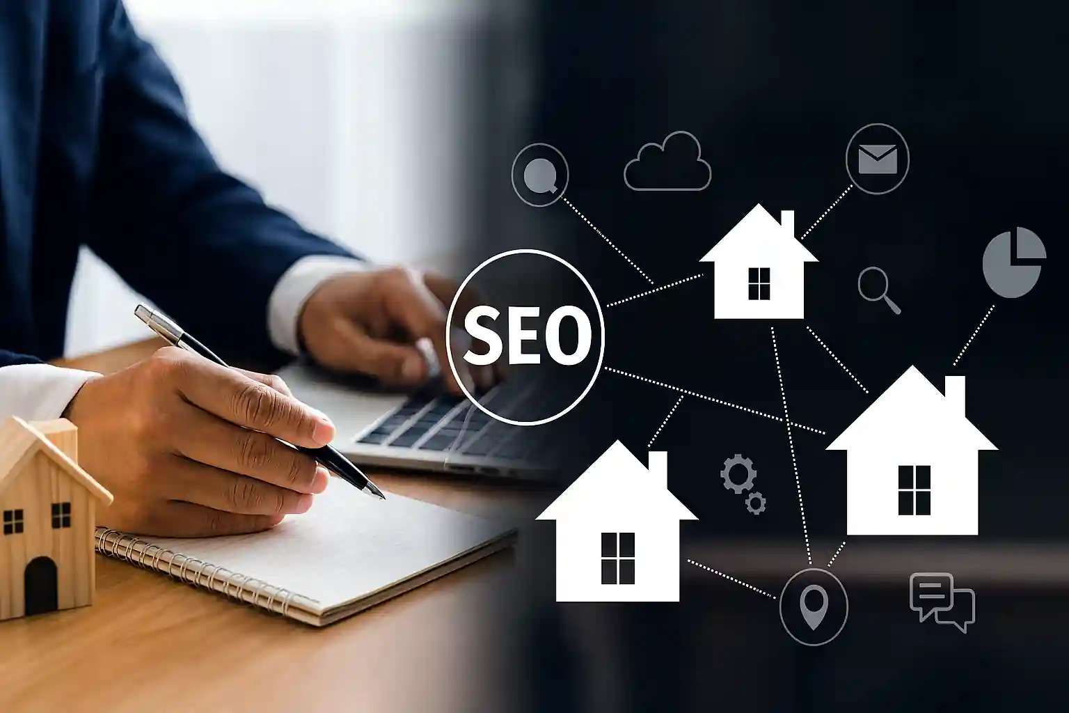 Real estate agent optimizing SEO strategy for a second office location using digital tools and location mapping
