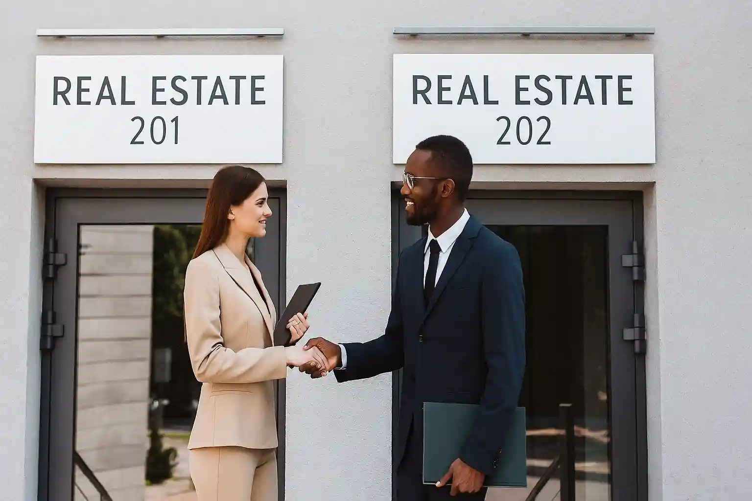 Modern real estate professionals outside dual office suites, symbolizing business expansion through SEO strategies