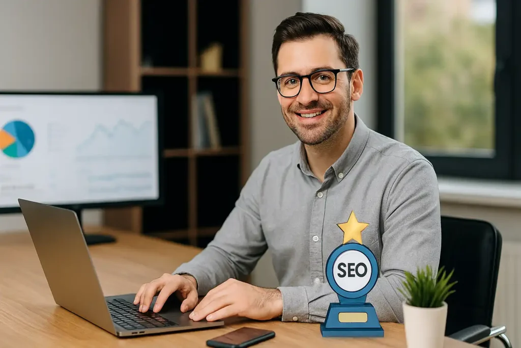 Modern workspace showcasing ecommerce SEO strategy with analytics dashboard, product listings, and award recognition.