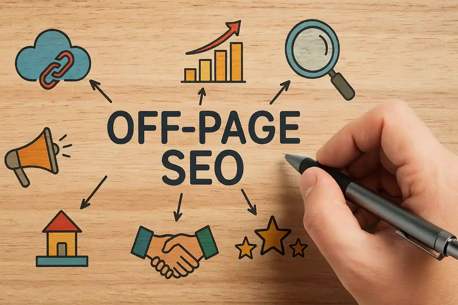 Realistic visual representation of off-page SEO strategies including backlinks, social media signals, influencer outreach, and domain authority metrics