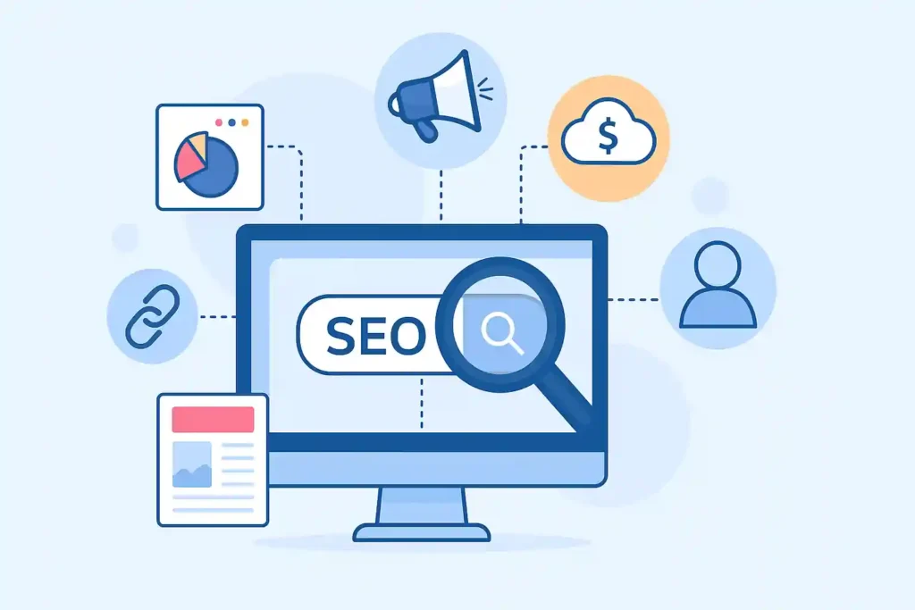 Illustration of off-page SEO strategies including link building, social media outreach, and reputation signals surrounding a central website interface.