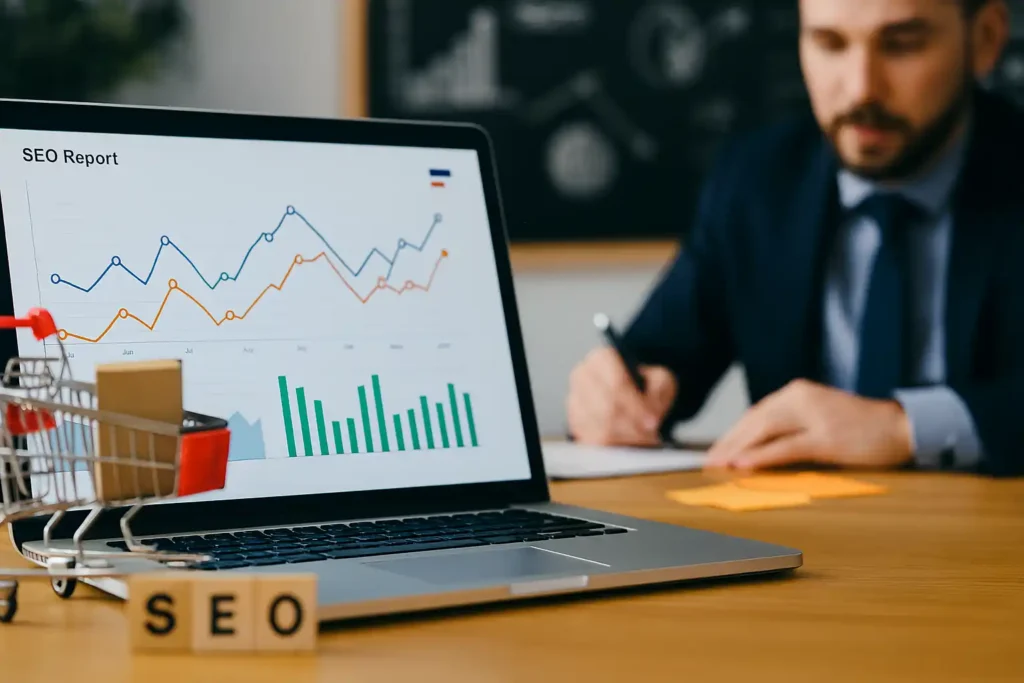 Modern workspace showcasing ecommerce SEO strategy with analytics dashboard, product packaging, and keyword planning tools.