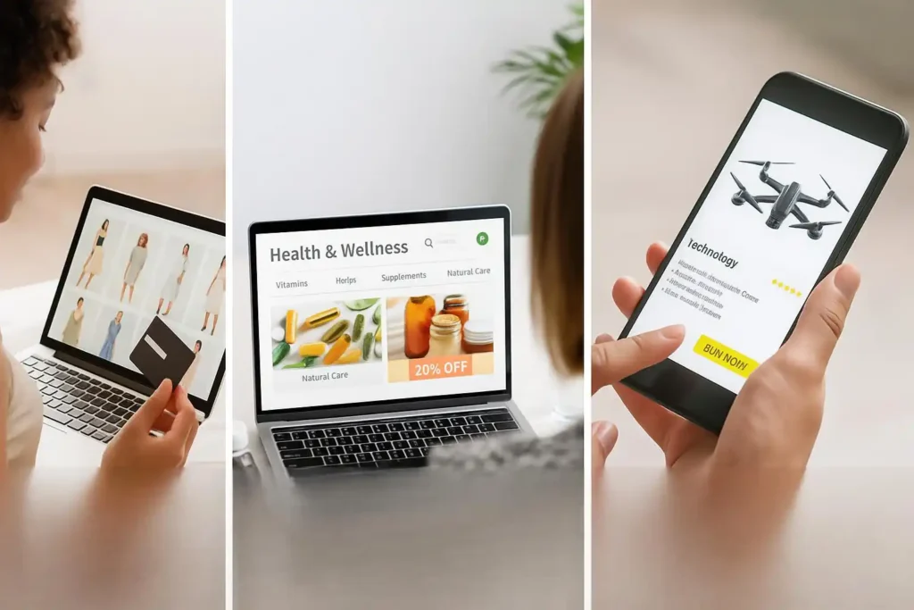 Realistic workspace showcasing ecommerce SEO success across fashion, wellness, and tech industries
