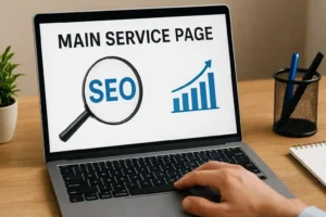 Laptop displaying service page SEO analytics with magnifying glass over "SEO" and upward-trending graph, surrounded by workspace elements.