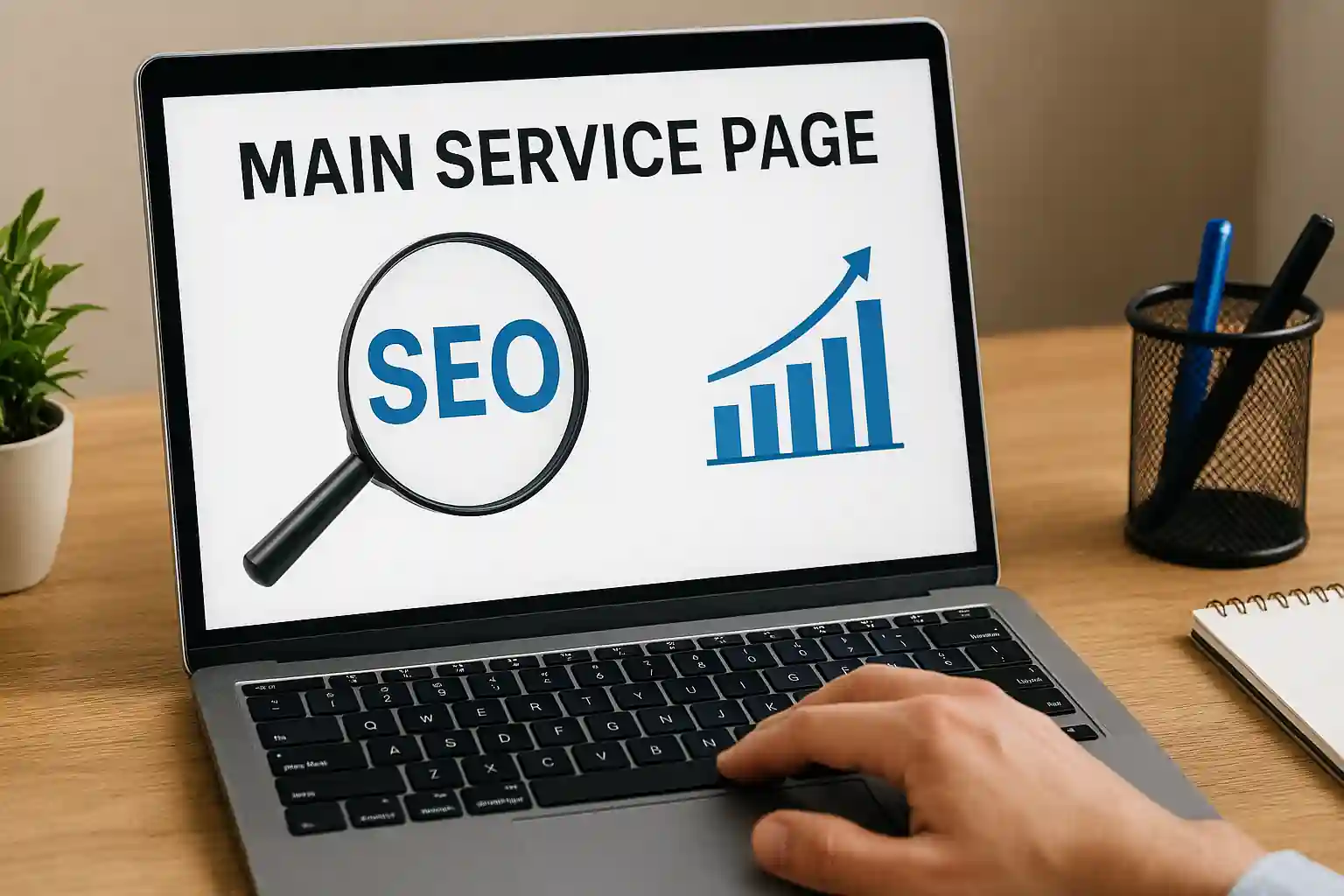 Laptop displaying service page SEO analytics with magnifying glass over "SEO" and upward-trending graph, surrounded by workspace elements.
