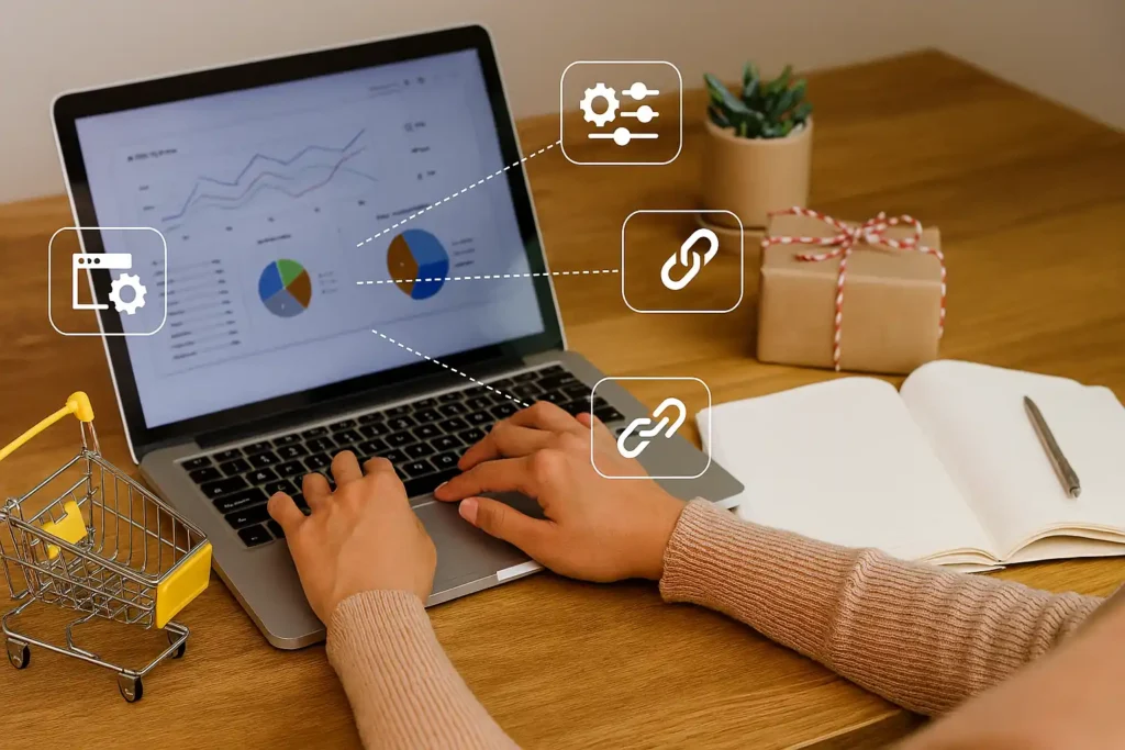 Ecommerce SEO expert analyzing website performance with mobile optimization and structured navigation tools