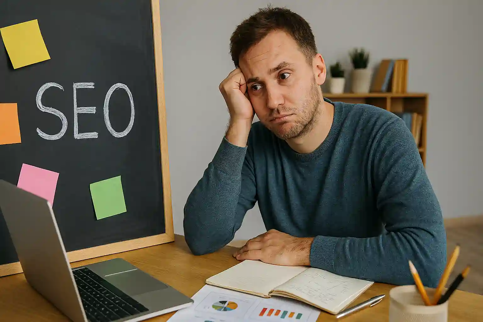 Focused digital marketer with ADHD working on SEO tasks, surrounded by sticky notes, graphs, and analytics tools in a creative workspace