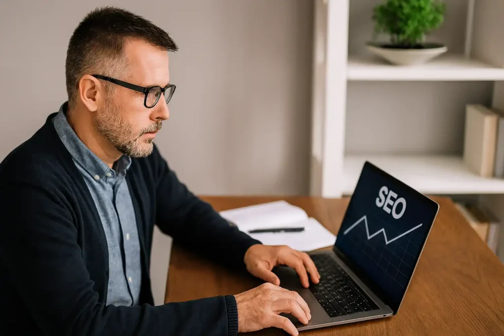Independent ecommerce SEO expert collaborating directly with a client in a modern workspace