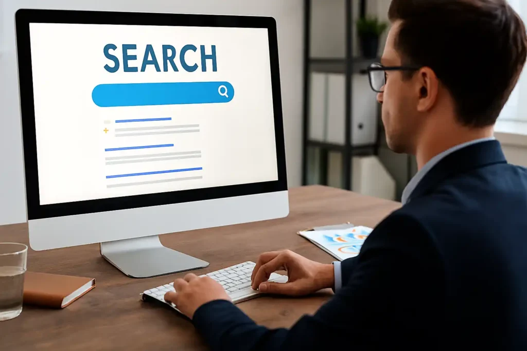 Professional workspace with desktop showing accurate search engine results, symbolizing SEO strategy and business growth.
