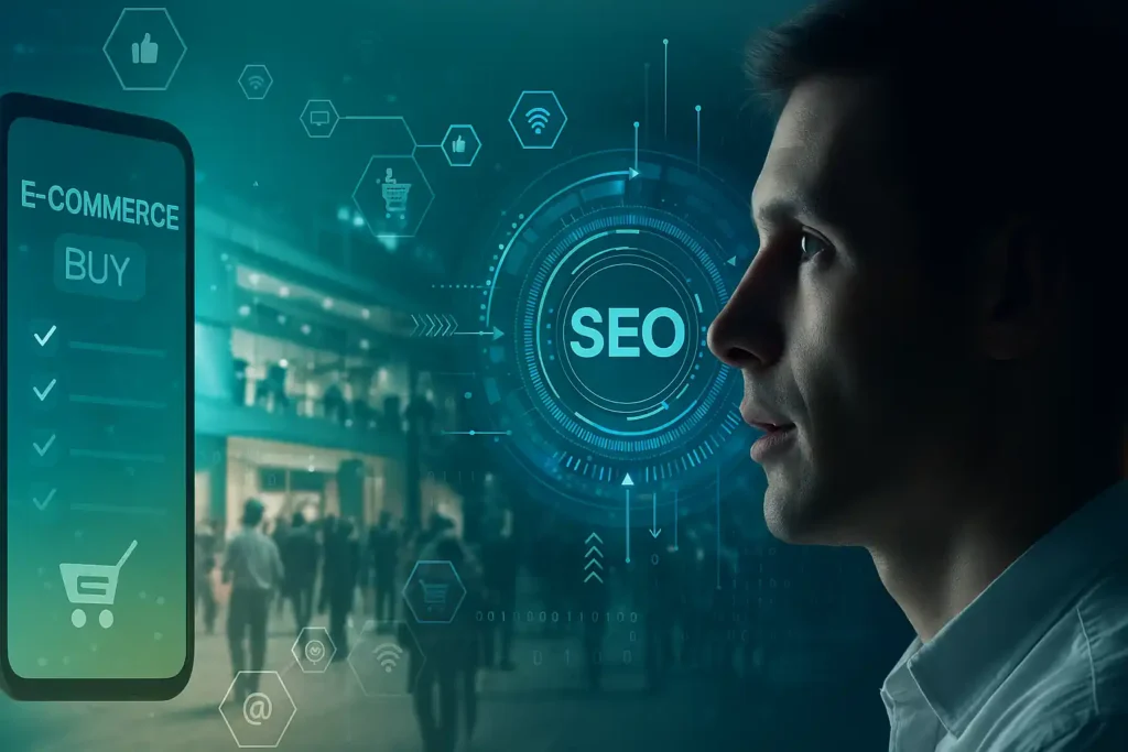 Futuristic digital workspace showcasing AI-powered SEO tools, voice search icons, mobile-first design, and ecommerce strategy visuals