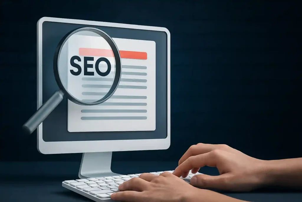 Professional SEO content writer typing on a keyboard with digital marketing icons and analytics on screen, representing strategic content creation for improved search engine visibility.