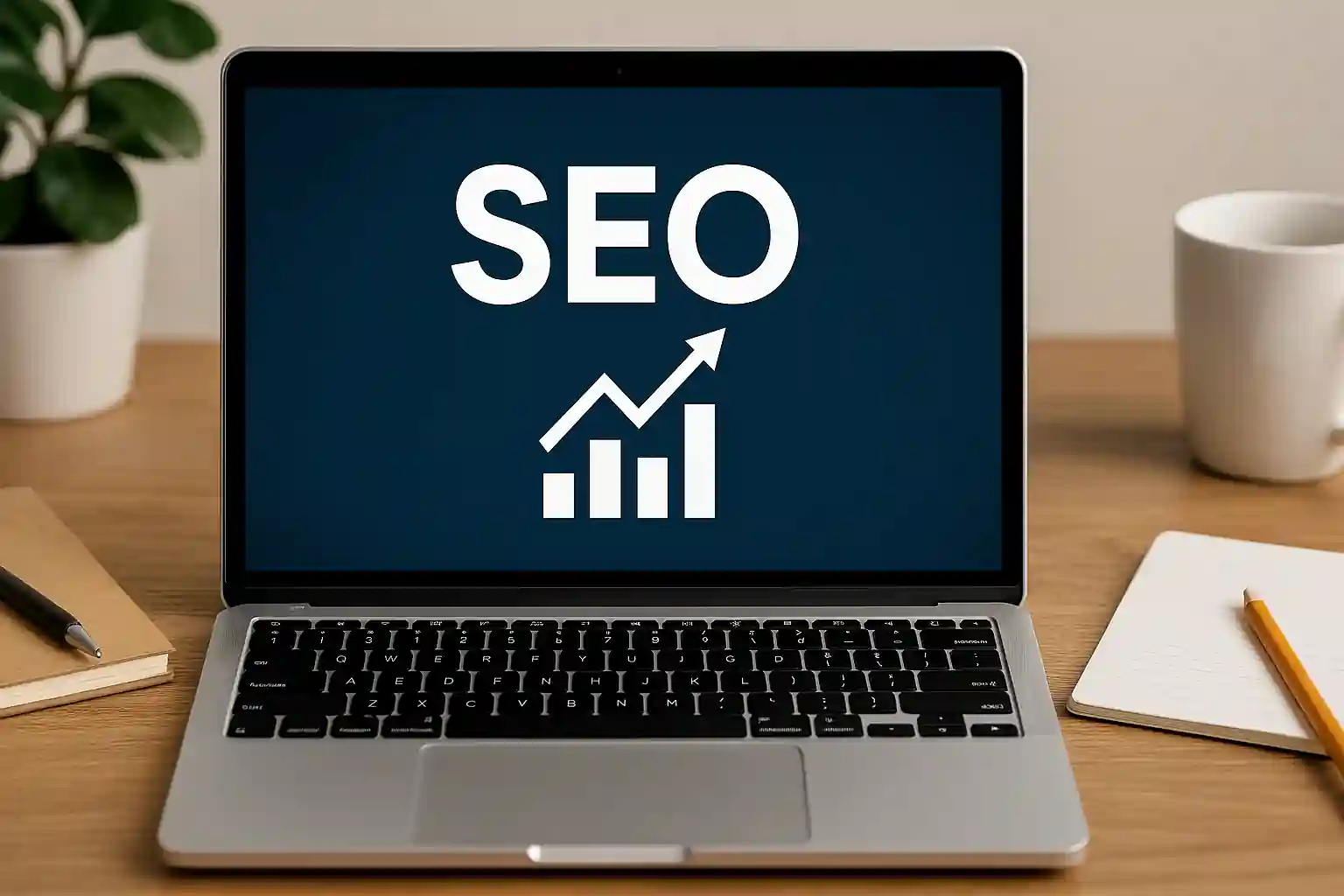 Laptop displaying SEO analytics with icons for ranking strategies, surrounded by workspace essentials like notebook, pencil, and coffee mug